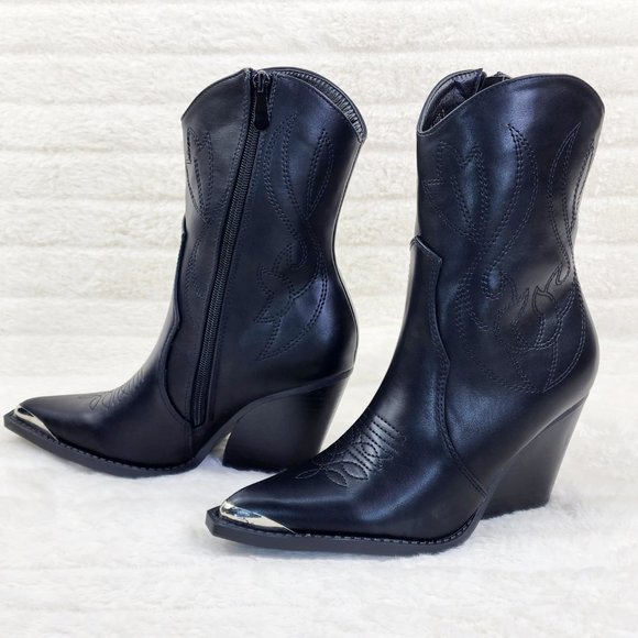 Tallas Black Cowgirl Cowboy Ankle Boots Western Block Heels - Picture 5 of 9
